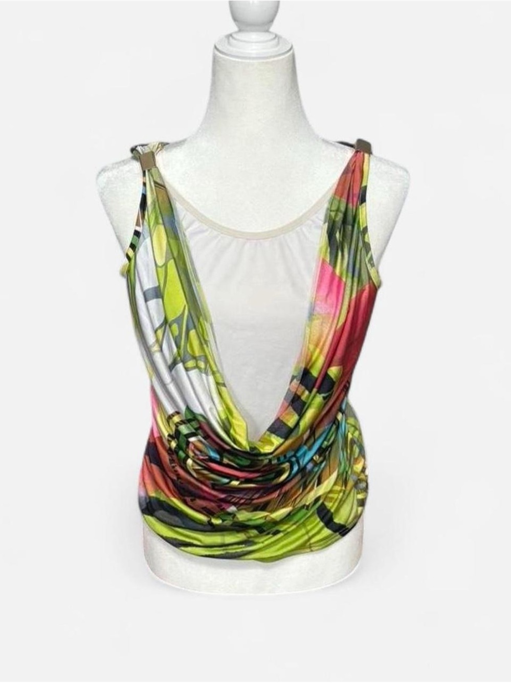 Sleeveless Multicolor Draped Tank Top - Green-Pink Print